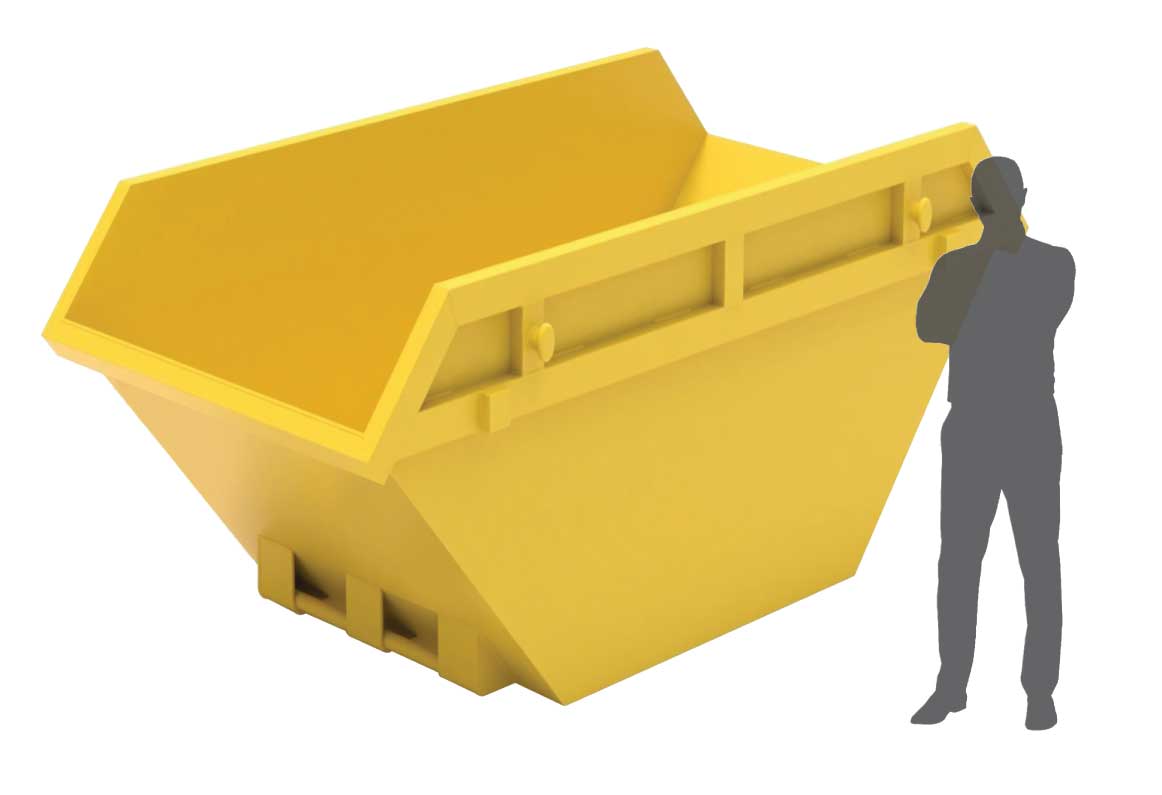 12-yard yellow skip bin with human size for comparison - Skip Hire Services Norfolk