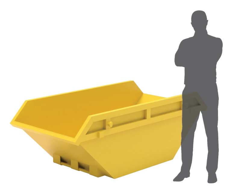 2-yard yellow skip bin with human height comparison - Skip Hire Services Suffolk
