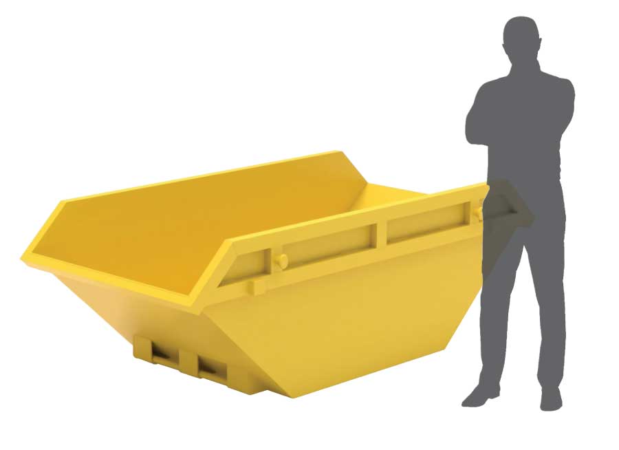 4-yard yellow skip bin with Human size comparison - Skip Hire Services Suffolk