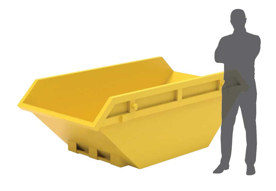 6-yard yellow skip bin with human size reference - Skip Hire Services Suffolk