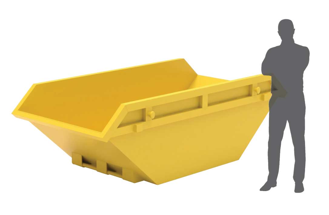 8-yard yellow skip bin with human size for comparison - Skip Hire Services Norfolk